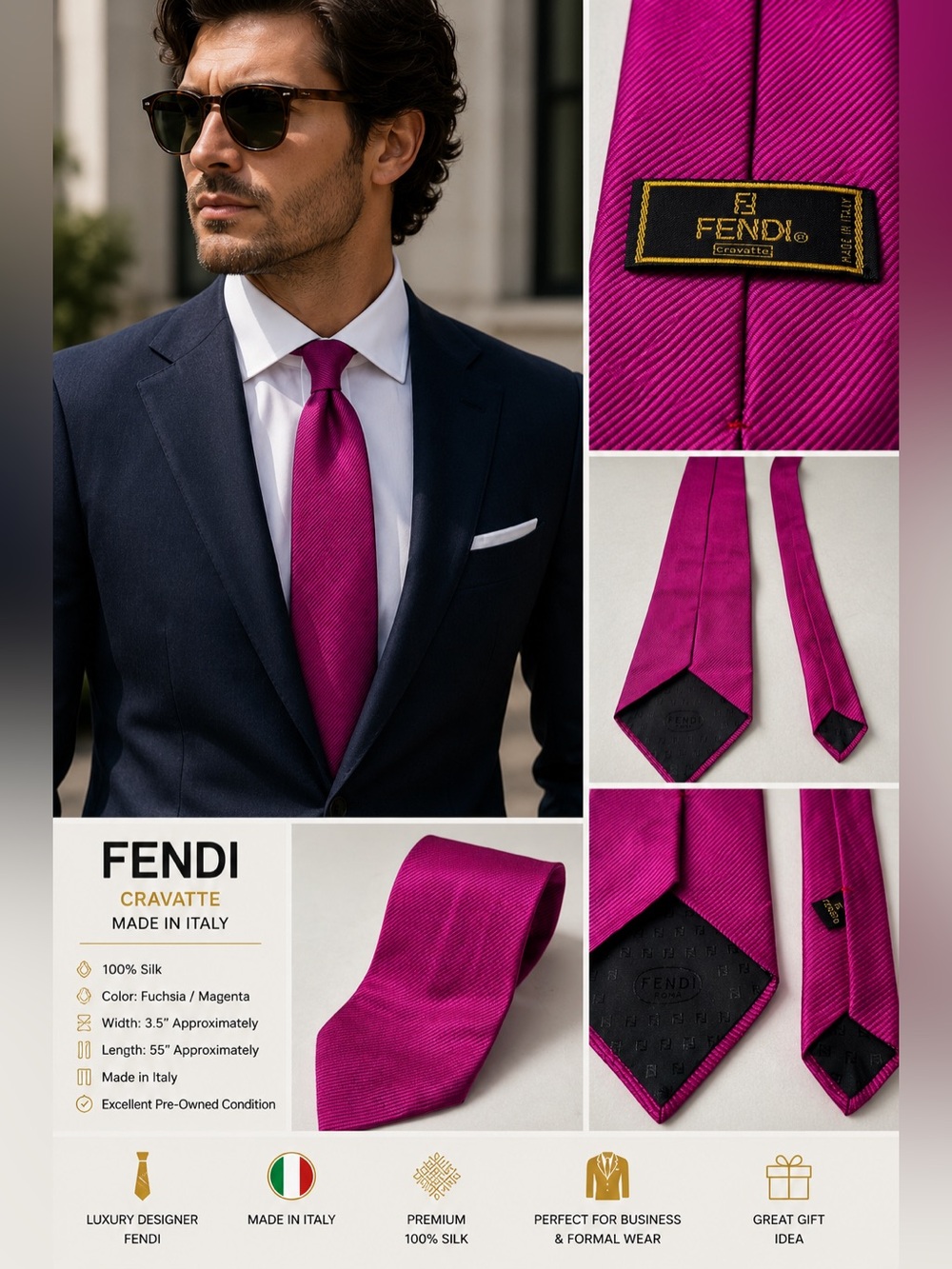 Fendi Cravatte Silk Tie Made In Italy Solid Fuchsia Magenta Pink 3.5" Wide